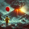 Child in Yellow Raincoat Holding Red Balloon Facing Erupting Volcano at Twilight