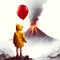 Child in Yellow Raincoat Holding Red Balloon Facing Erupting Volcano at Twilight