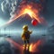 Child in Yellow Raincoat Holding Red Balloon Facing Erupting Volcano at Twilight