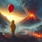 Child in Yellow Raincoat Holding Red Balloon Facing Erupting Volcano at Twilight