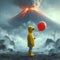 Child in Yellow Raincoat Holding Red Balloon Facing Erupting Volcano at Twilight