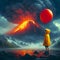 Child in Yellow Raincoat Holding Red Balloon Facing Erupting Volcano at Twilight