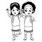 Childhood adorable students girls cartoon in black and white