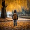 Childhood adventure Little boy with backpack explores autumn park