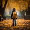 Childhood adventure Little boy with backpack explores autumn park