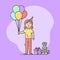 Childhood Birthday Party Celebration Concept. Birthday Girl Is Standing With Air Balloons And Gifts. Cheerful Woman Is