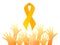 Childhood cancer. Yellow hands up and gold ribbon. Children cancer awareness. Symbol of hope and unity. Vector element