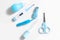 Childhood and Childcare concept - Simple tools for baby, thermometer, aspirator nasal, Scissors,nail clippers, Medicine Dropper,