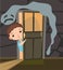 Childhood fear. Little Boy looks into dark room through an open door. Afraid of ghosts. Illustration for kids