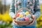 Childhood joy small hands holding easter basket with colorful eggs and traditional easter bread