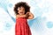 Childhood and people concept-cheerful african american little girl over technology symbols background