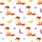 Childhood seamless pattern with cute red foxes and butterflies.