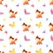 Childhood seamless pattern with cute red foxes and butterflies.