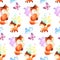 Childhood seamless pattern with cute red foxes and butterflies