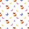 Childhood seamless pattern with cute red foxes and butterflies