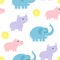 Childish background with cartoon elephants, hippos, rhinos and sun on white.