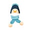 Childish bobble hat and plush scarf. Winter penguin cap with pompom for children. Flat vector cartoon illustration of