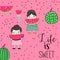 Childish Card with Cute Girls and Watermelons. Colourful Creative Kids Background for Greetings, Decoration