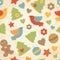 Childish Christmas seamless pattern with Christmas trees, birds, gingerbread men