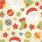 Childish Christmas seamless pattern with Santa Claus, Christmas trees, baubles and stockings