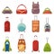 Childish cute bag types for trips collection. Wheeled child handle travel bag. Variety bright backpacks for school