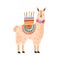 Childish cute lama standing with celebratory birthday cake on back. Funny alpaca celebrating holiday. Flat vector