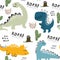 Childish dinosaur seamless pattern for fashion clothes, fabric, t shirts. hand drawn vector with lettering