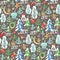 Childish funny Christmas wallpaper with seamless pattern with little angels, owl and snowman, snowy firs and trees, crescent, cand