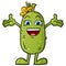 Childish girl pickle cartoon character arms out and ready to hug and saying ta da