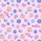 Childish illustration seamless pattern pink and blue seashells and bubbles and small fish.