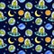 Childish illustration seamless pattern space, planets, rockets and alien in watercolor.