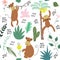 Childish jungle texture with monkeys and jungle elements. seamless pattern vector illustration