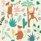 Childish jungle texture with monkeys and jungle elements. seamless pattern vector illustration