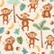 Childish jungle texture with monkeys and jungle elements. seamless pattern vector illustration