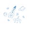 Childish painting of space rocket, ufo and planet saturn, doodle vector illustration isolated on white background.