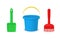 Childish sandbox toys collection realistic vector illustration blue baby bucket, shovel and rake