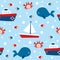 Childish sea seamless pattern with boat, whale, crab and fish