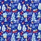 Childish seamless Christmas winter pattern with snowy firs, trees, reindeer, sleigh with presents, candy, sweets, jingle bell, sno