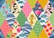 Childish seamless patchwork pattern with cute monkey, dragons, flowers, clouds and waves.