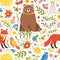 Childish seamless pattern with adorable animals, birds, blooming spring meadow flowers on white background. Springtime