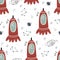 Childish seamless pattern with aliens, ufo in cosmos. Perfect for kids apparel,fabric, textile, nursery decoration,wrapping paper