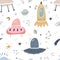 Childish seamless pattern with aliens, ufo in cosmos. Perfect for kids apparel,fabric, textile, nursery decoration,wrapping paper