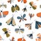 Childish seamless pattern with colorful moths on white background. Backdrop with butterflies, flying nocturnal winged