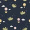 Childish seamless pattern with cute dragons and hot air balloon in starry night