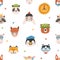 Childish seamless pattern with cute funny faces of adorable animals. Backdrop with happy muzzles on white background