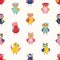 Childish seamless pattern with cute wise owls on white background. Backdrop with cartoon forest birds in different