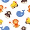 Childish seamless pattern with funny adorable toy animals - monkey, duck, whale, lion on white background. Colorful