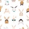 Childish seamless pattern with funny bunny faces on white background. Backdrop with cute rabbits or hares wearing