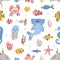 Childish seamless pattern with funny sea and ocean dwellers or marine animals on white background. Colorful vector