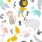 Childish seamless pattern with hand drawn animals and letters. Trendy scandinavian vector background. Perfect for kids